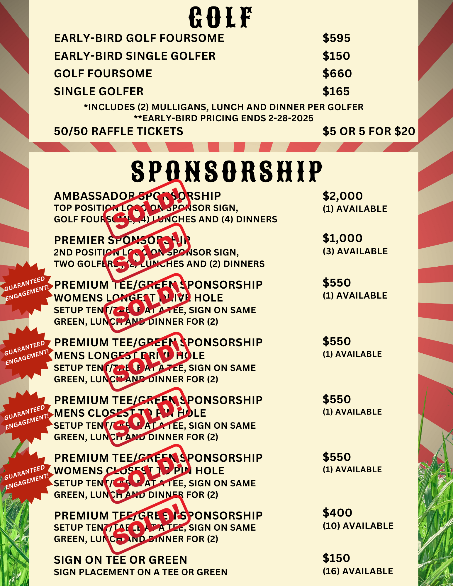 Golf Tournament pricing sheet with grass and circus theme